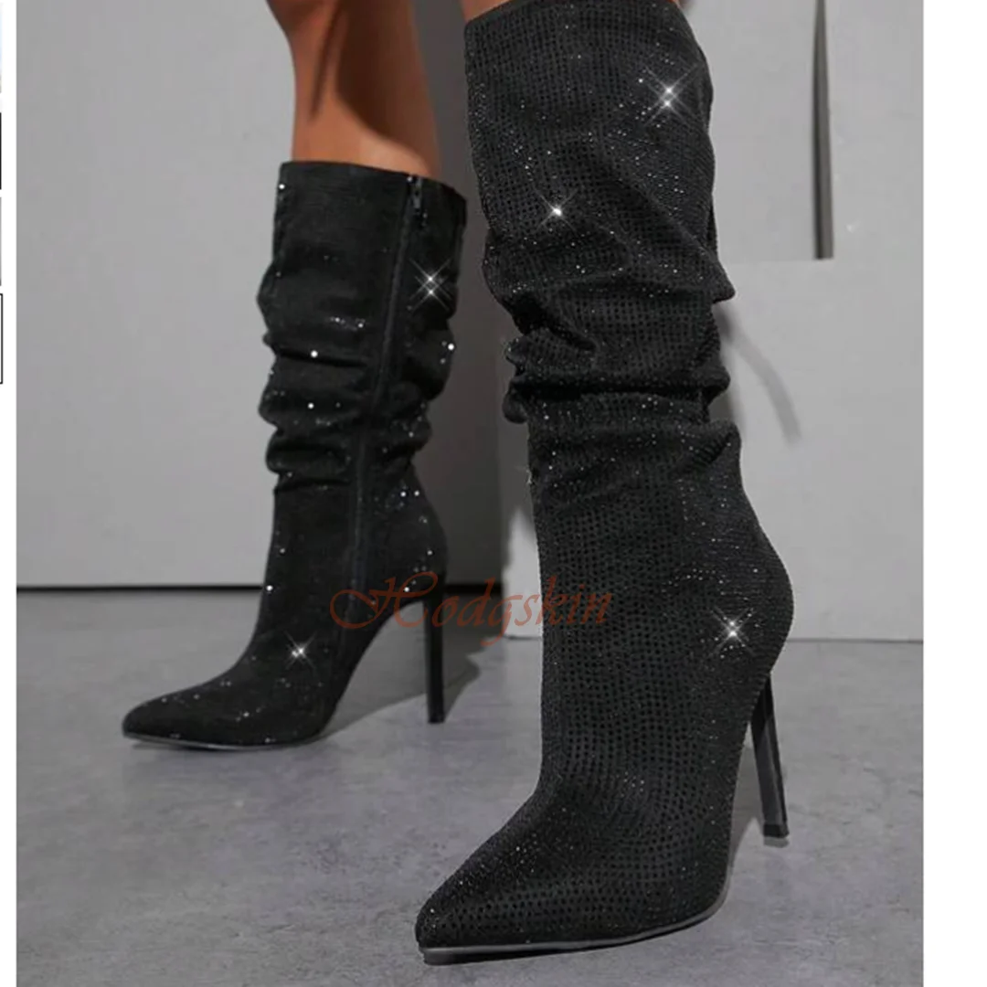 Pleated Crystal Bling Boots Mid Calf Pointed Toe Stiletto Heels Zipper Boots Women Sexy Shoes Spring Casual Party Designer Shoes