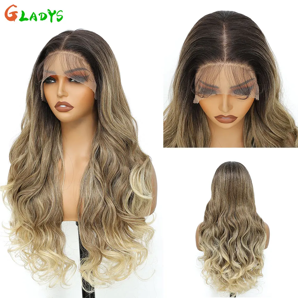

13X4 HD Lace Frontal Wigs 30inch Body Wave Synthetic Highlight Brown Lace Front Wigs Pre Plucked With Baby Hair For Black Women