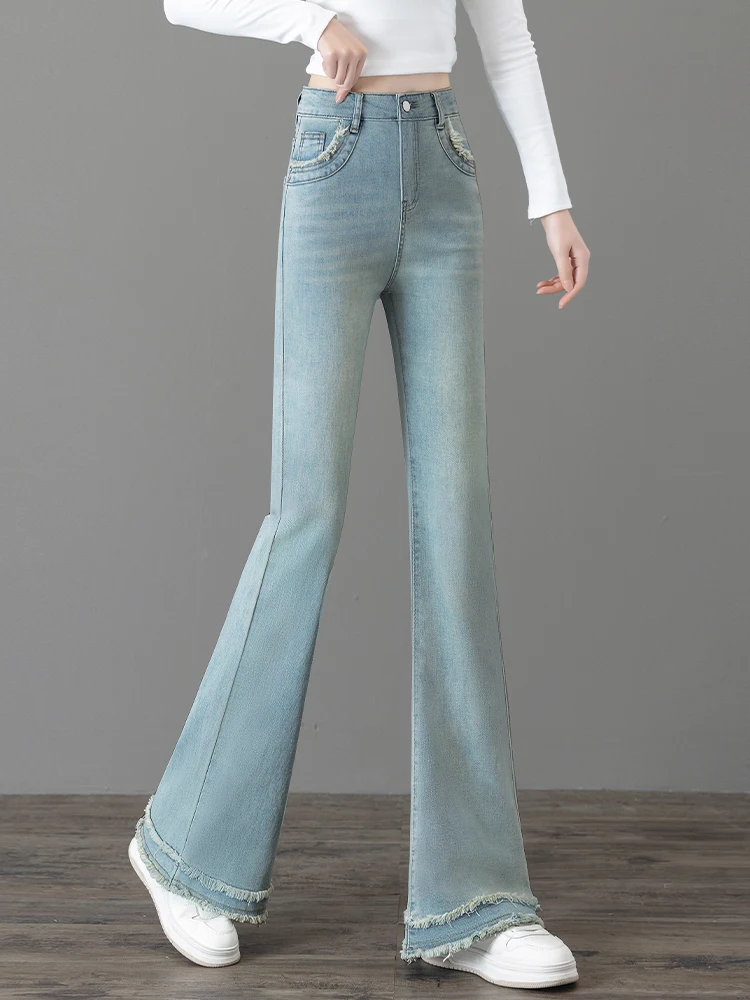 

Женские джинсы-клеш с высокой талией, весна-осень 2026, новый стиль, утягивающие, эластичные, с рваным краем, в корейском стиле