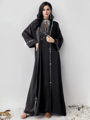 Eid 2 조각 세트 드레스 여성용 Abaya 다이아몬드 파티 긴 드레스 이슬람 Caftan 가운 Jalabiya 라마단 두바이 Kaftan Vestido Largos