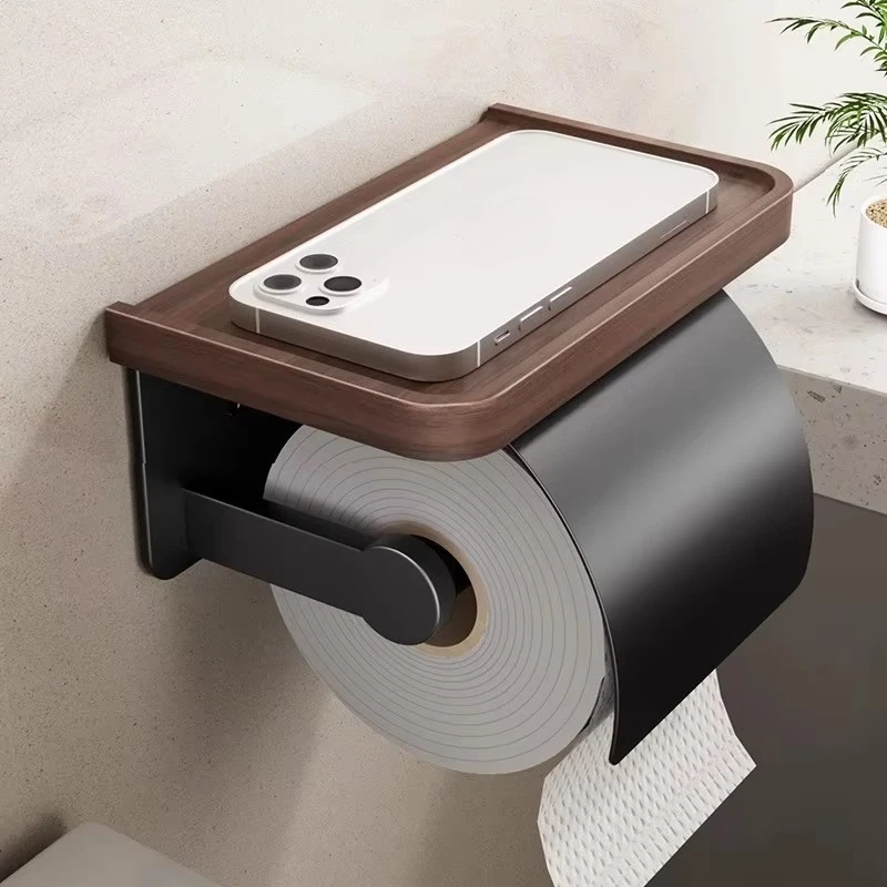 Walnut Wood Wall Mount Tissue Holder, No Drill Installation, Bathroom Roll Dispenser with Lid & Storage Shelf, Hotel Style