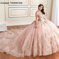 EVLAST-Robe de RhQuinceanera rose à paillettes personnalisées, appliques en dentelle dorée, nœud perlé, corset, robe Sweet 16, 15 Anos, TQD847