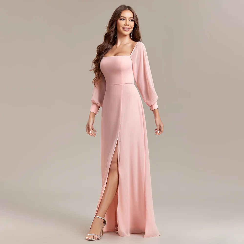 New Women\'s Multi-wear Elegant Tube Top Elastic Long Sleeve Back Zipper High Slit Dress A-line Chiffon Dress Bridesmaid Dress