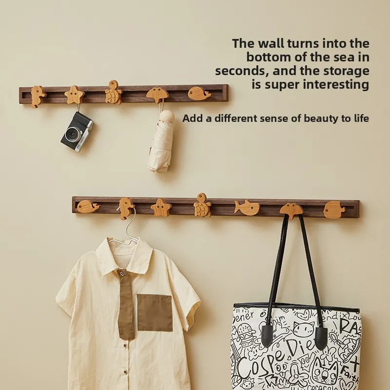 Solid Wood Sliding Coat Hooks Wall Mounted Coat Rack for Kids Room No Drill Cartoon Animal Decor Movable Entryway Organizer