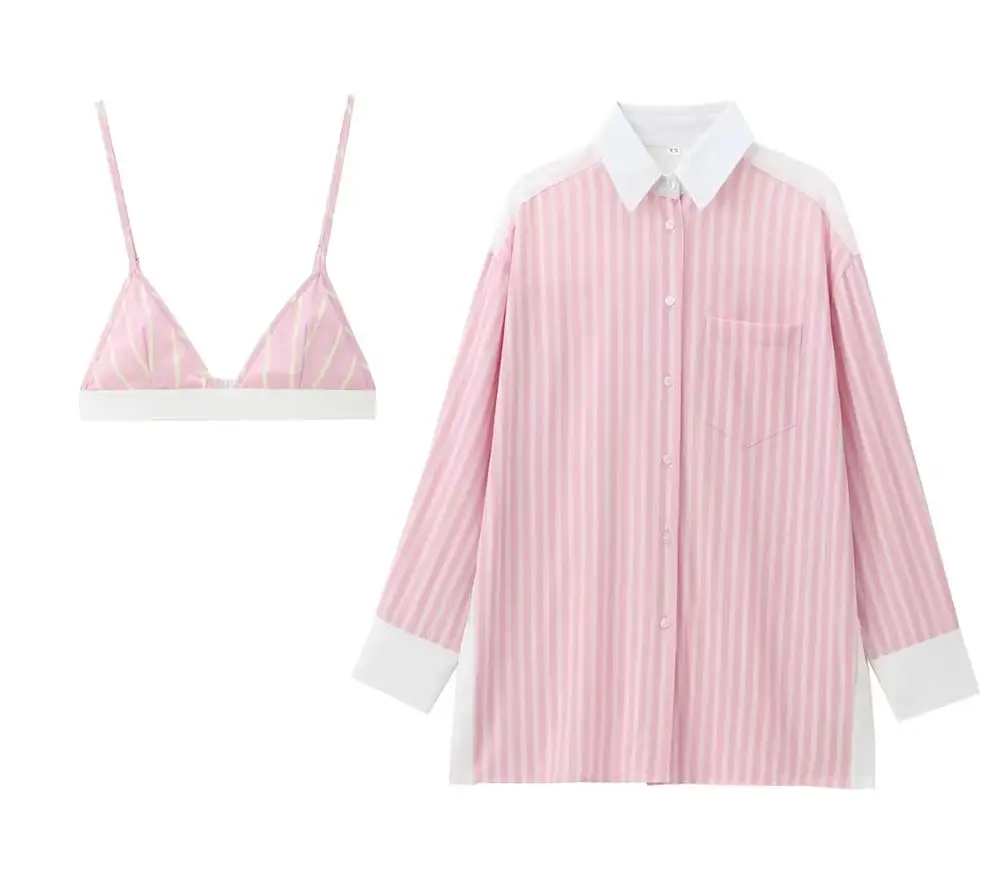 

KONDALA 2024, летние повседневные женские полосатые костюмы, сексуальное бикини + однобортная свободная рубашка с карманами, модные женские рубашки из поплина