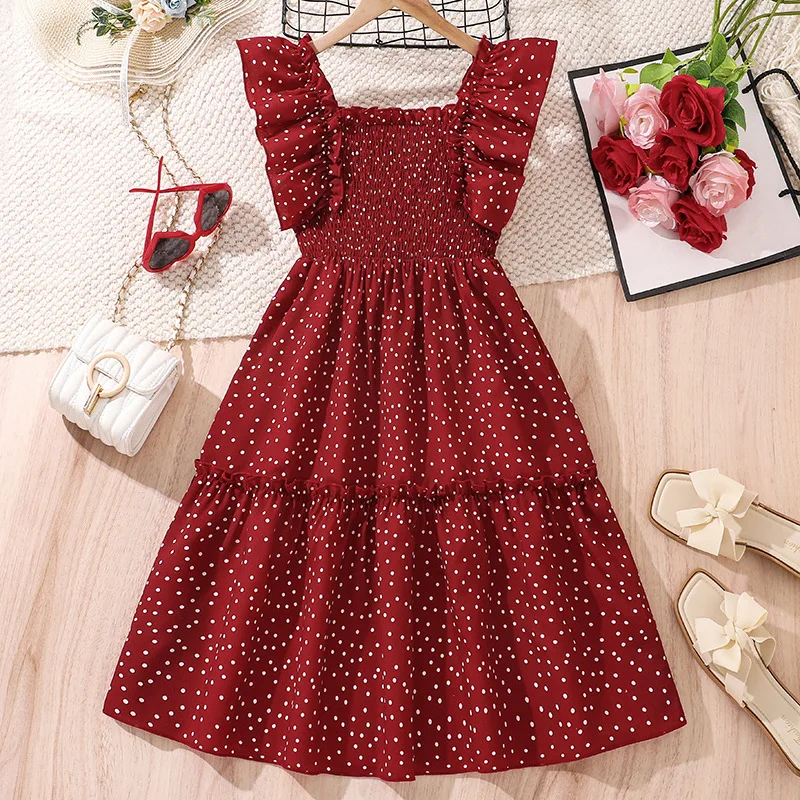 2025 New Arrival Girls Sleeveless Ruffles Dot Red Menina Cute Holiday Night Party Princess Dress Custume 8-12T