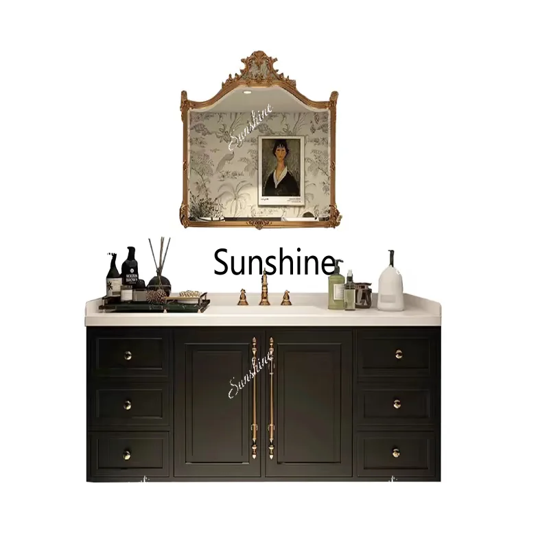 French retro bathroom cabinet combination washstand rock slab hot bending ceramic integrated basin