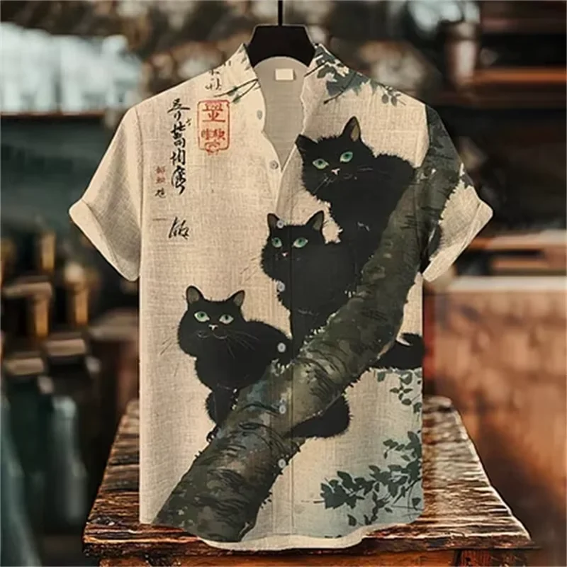 

New Men's Shirt Thin Short-Sleeved Black Cats Printed Comfort Fashion Button Breathable Blouses Streetwear Unisex Hawaiian Tunic