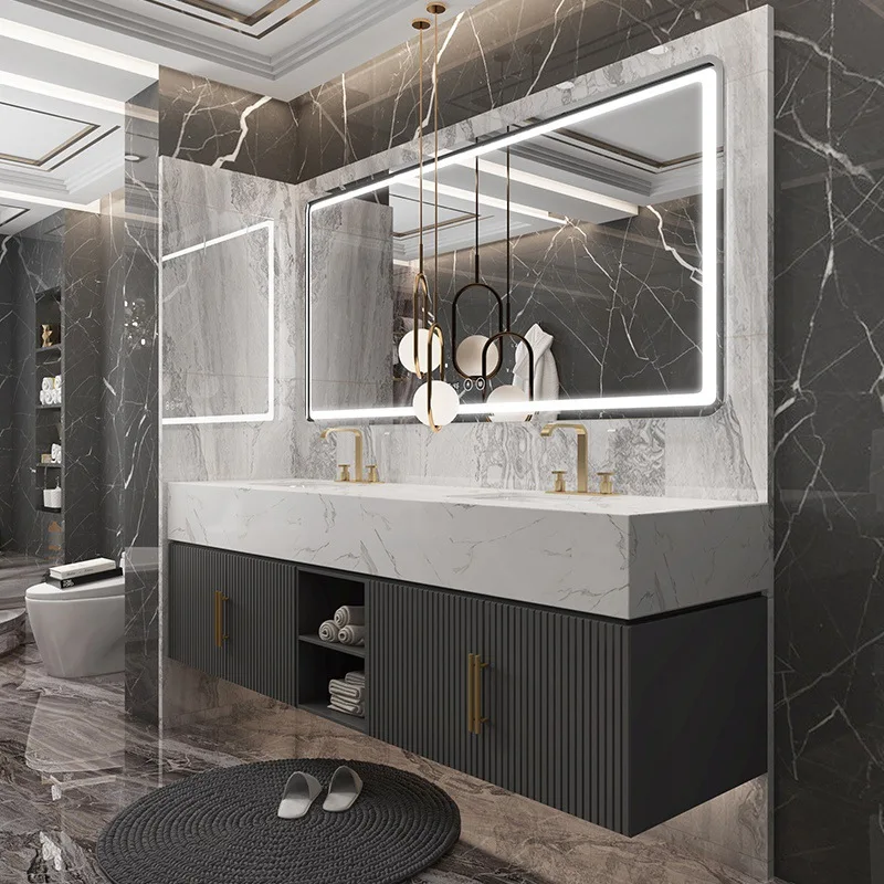 Factory Direct 2026 Modern light luxury bathroom cabinet combination wall-mounted wash basin toilet minimalist washbasin solid w