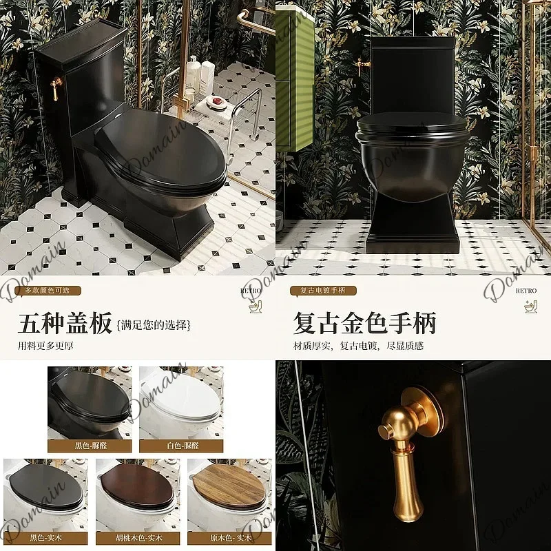 BJ French Retro Black Toilet With Gold Side Flush, Solid Wood Waterproof Slow-Close Seat