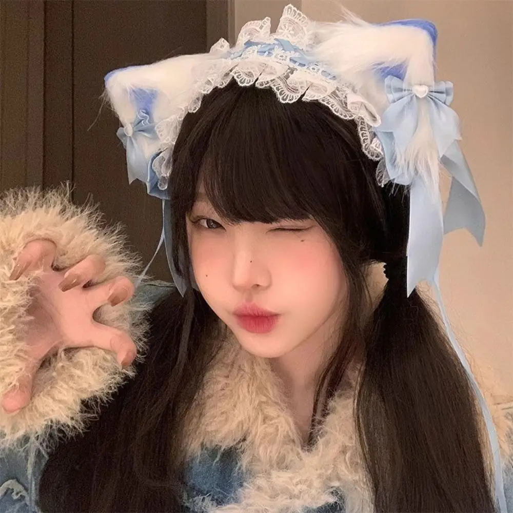 New Lolita Cat Ears Headband Lace Bow Headwear Cosplay Head Wrap Women