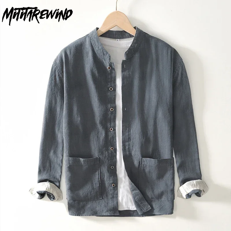 

Chinese Vintage Shirt Men Long Sleeve Cotton Linen Shirt Men Spring Summer Big Pockets Stand Collar Shirt Breathable Top Daily