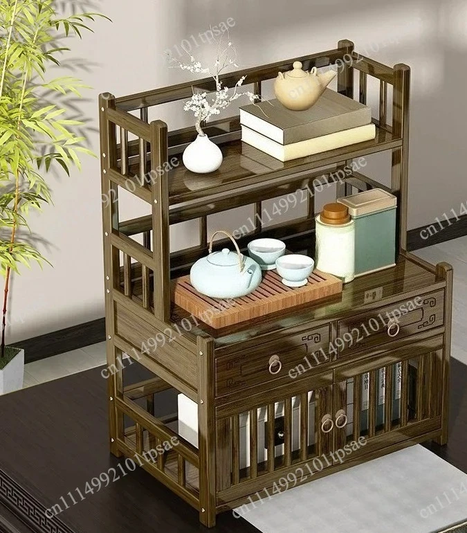Retro Chinese Desk Organizer Multi-layer Structure Drawer Design Storage Desk-Double Open Cabinet Door Bookshelf for Home Office