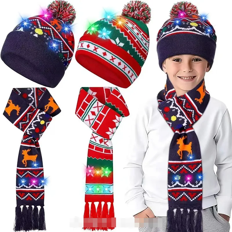 LED Christmas Hat Scarf Set, Santa Claus Knitted LED Light, Warm Winter Adult Christmas Party Decoration