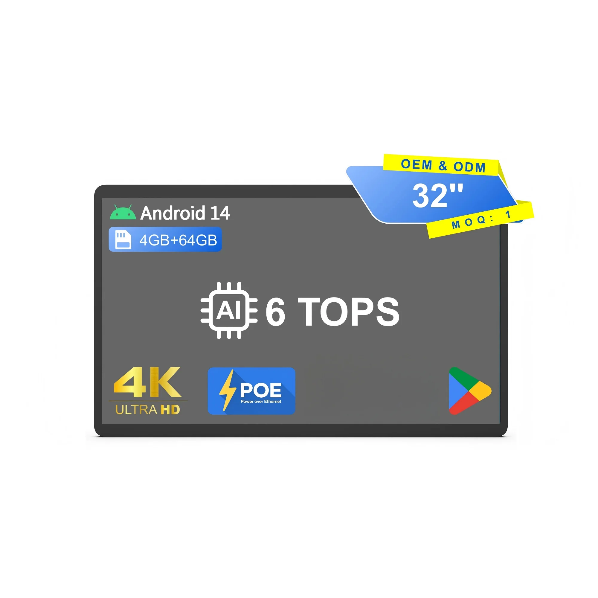 

UHD 4K 32 Inch Android 14 Tablet With 8-core CPU Landscape & Portrait POE Monitor Wall Mount White & Black Color HDMI IN Display