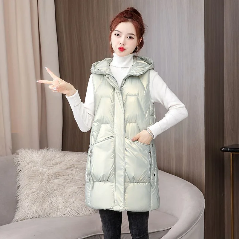 

2023 Autumn/Winter Shiny Vest Women New Mid length Sweetheart Shoulder Down Cotton Black Vest Female Korean Loose Outerwear Coat