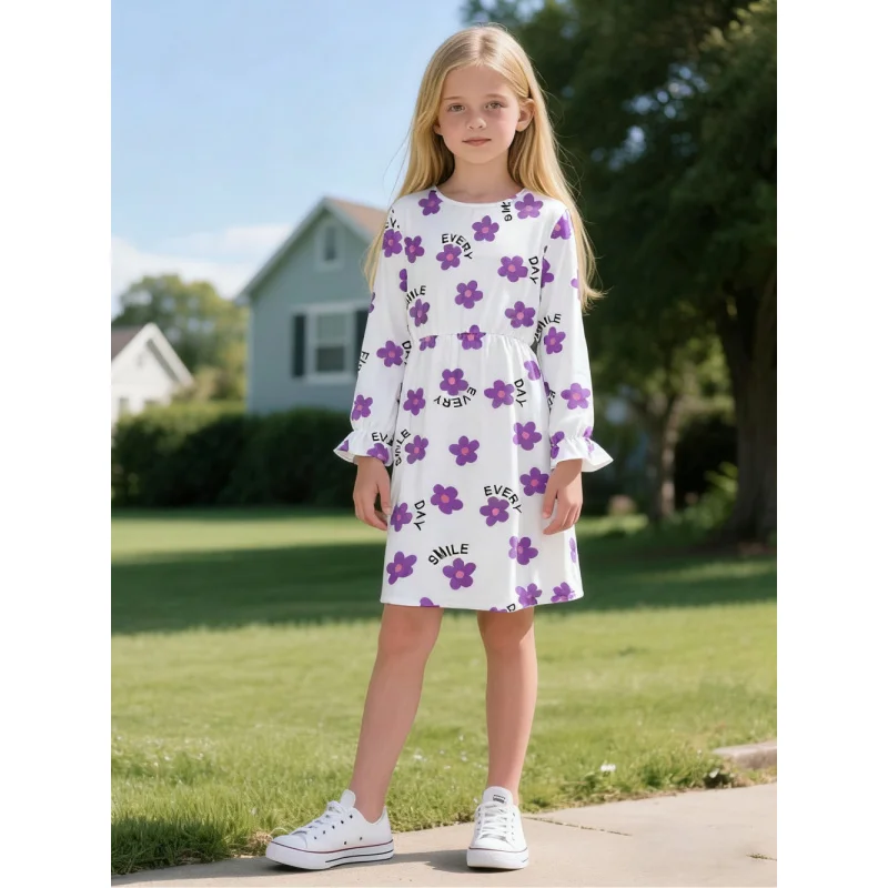 

Girls Long Sleeve Ruffled Princess Dress Purple Flower Letter Print Spring Autumn Sweet Children's Fashion