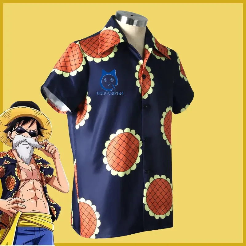 Disfraz de Anime Monkey D Luffy para hombre y mujer, camisa con botones y estampado de girasol, traje de juego de rol para Halloween, camisa informal para todos los días para adultos
