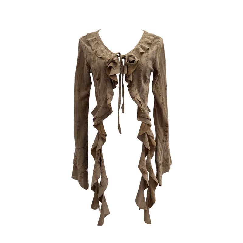 ISAROSE Wasteland Style Cardigan for Women Punk Spring Autumn Solid Color Flare Long Sleeves Front Lace-up Ruffle Ripped Tops