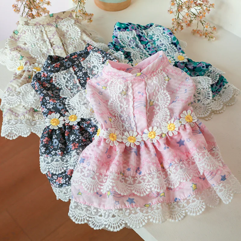 Floral Summer Clothes for Small Dogs Short Sleeve Lace Pink Sphinx Cat Dresses Princess Party Wear Breathable Pet Clothing