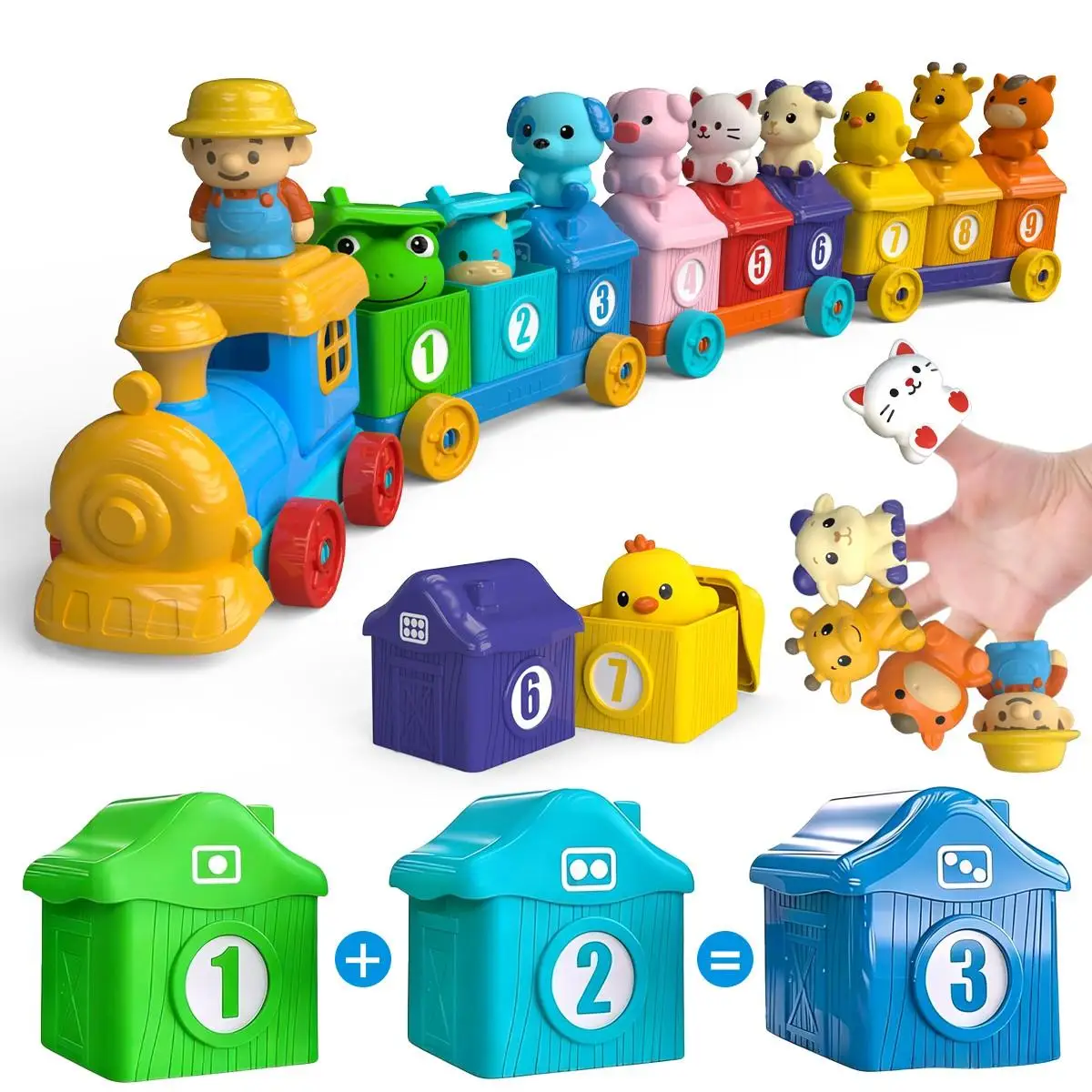 Montessori Toy Farm Train Set for Toddlers Farm Animals Finger Puppets Color Matching Game Stacking Blocks Gifts for Ages 1-3