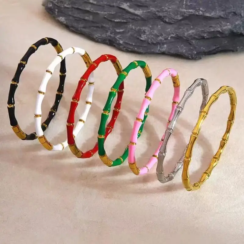 Colorful Stainless Steel Bracelet Trendy Bamboo Joint Enamel Bangle Unique Jewelry for Women Friends Gift