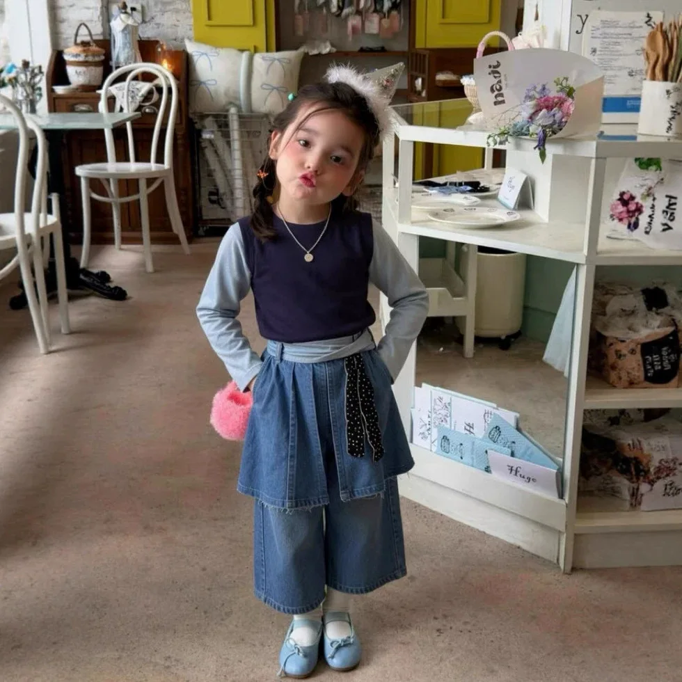 Girls Spring Fall Blue Undershirt + Navy Hollow Out Vest Dot Ribbon Denim Skirt Pants Solid Fresh Style
