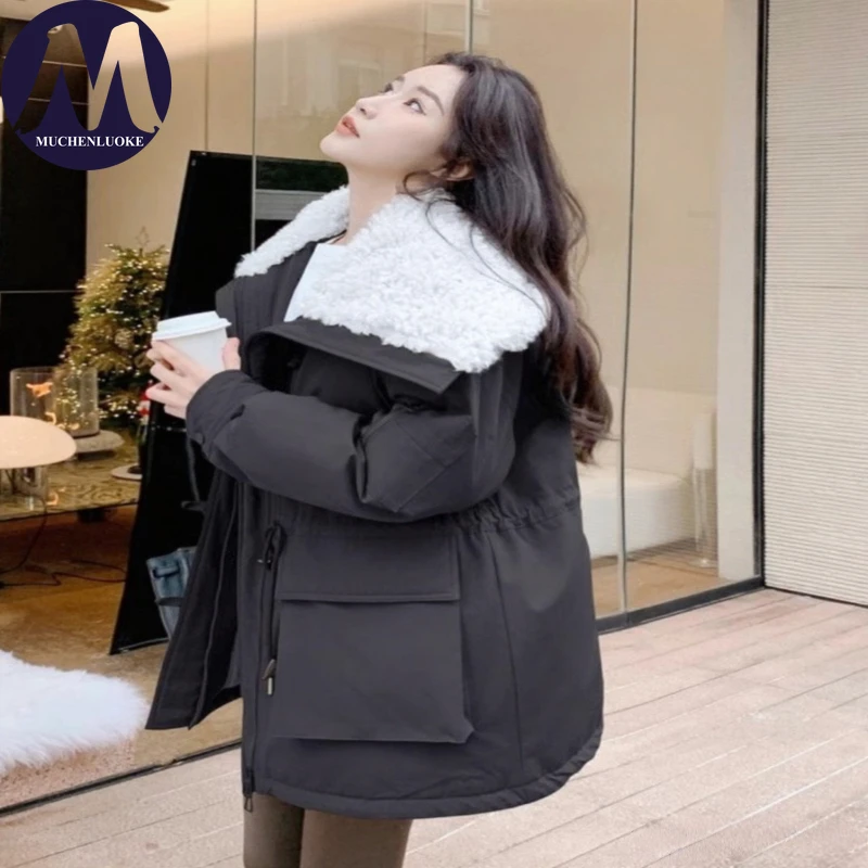 سترة شتوية نسائية أنيقة بأكمام طويلة وياقة من الفرو ودفء سميك على الموضة الكورية معطف سترة فضفاض واسع وطية صدر السترة #5