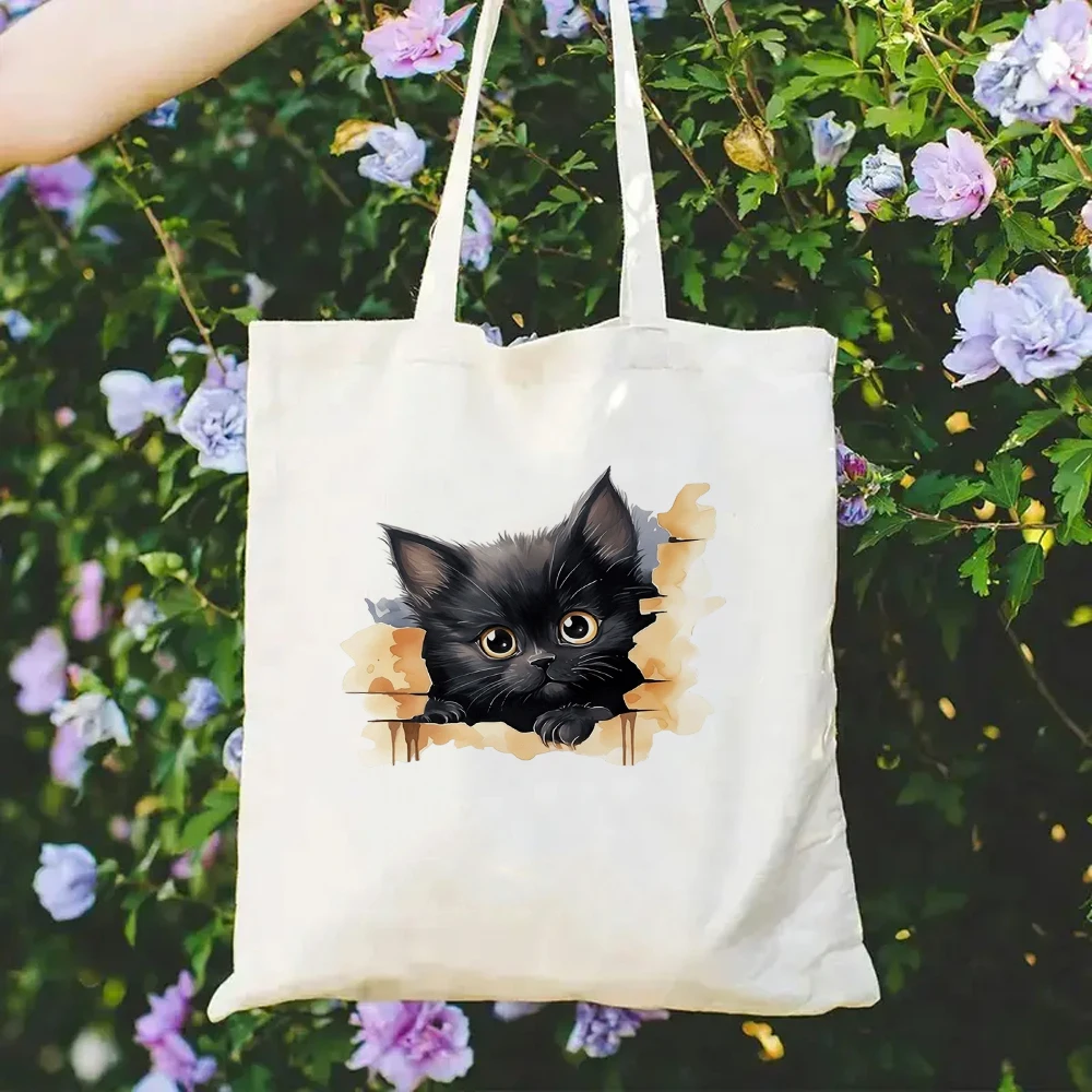 

Cute Black Cat Canvas Tote Bag Peeking Kitten Eco Friendly Reusable Shopping Shoulder Bags Large Capacity Handbag for Women