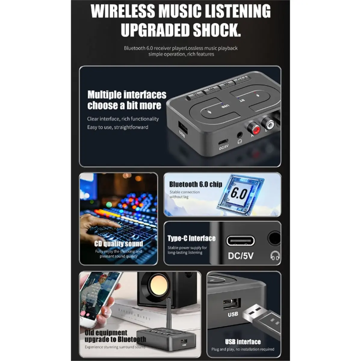 Fits for Bluetooth 6.0 Receiver for 3.5mm Jack AUX USB Hi-Fi Stereo Bluetooth Audio Adapter for PC Car Speaker Amplifier