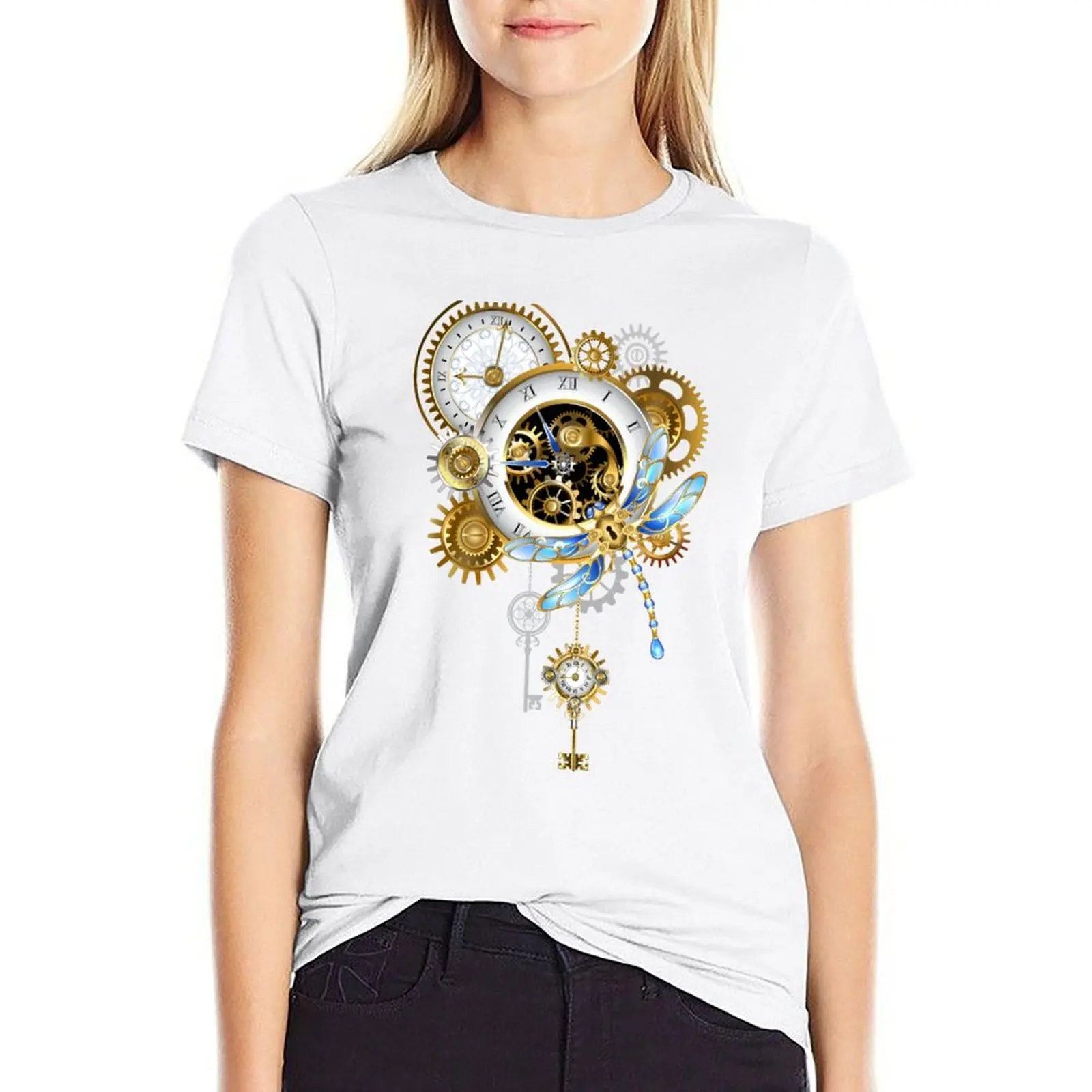 

Steampunk Dragonfly with Clock T-shirt kawaii clothes anime clothes funny t shirts for Women