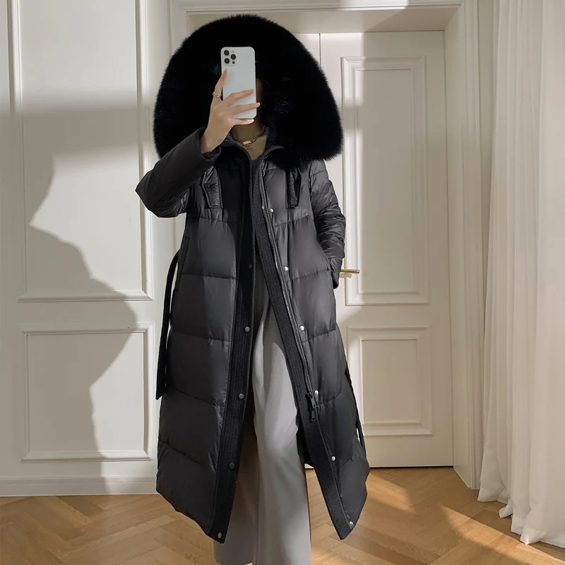 High Quality Luxury Fox Fur Collars Women White Goose down Coats With belt Long Down Jackets Female Hooded Outerwear 2024 Winter