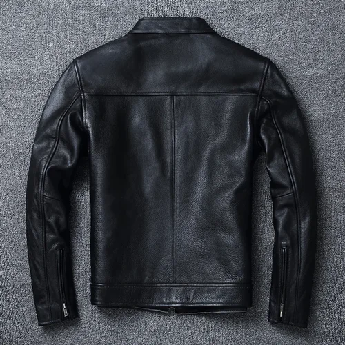 Imagen 2 del producto Capa superior de piel de vaca ajustada con cuello levantado, traje de motocicleta, chaqueta de cuero para hombre, chaqueta de cuero vacuno suave de talla grande a la moda