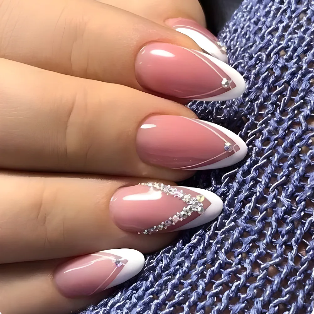 24Pcs Almond Nail Blue Diamond Glitter Nail Art Fake Nails Artificial Acrylic Full Coverage False Nail Removable Press on Nails