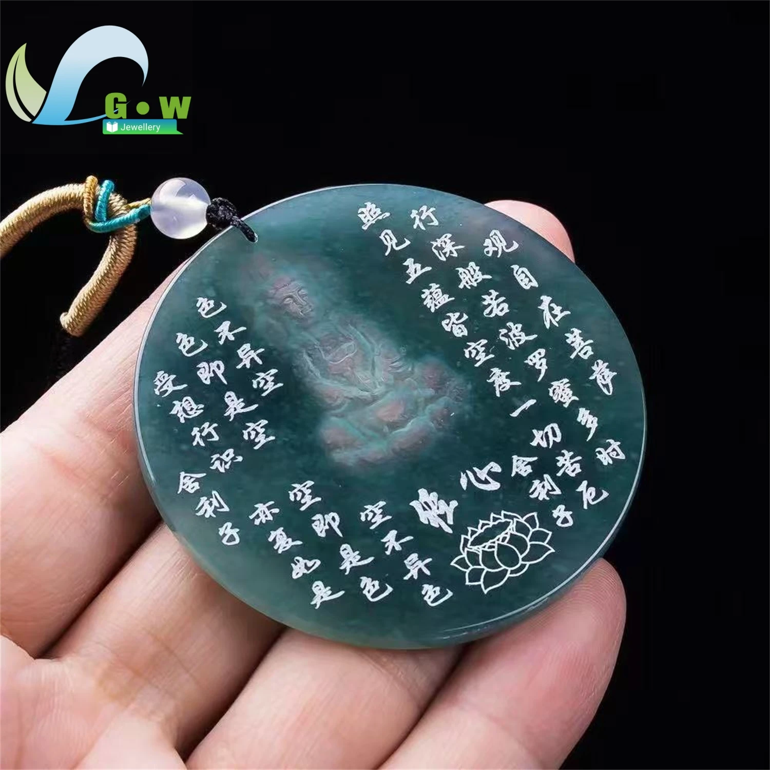 Natural A Grade Jadeite Blue Water Shadow Carving Heart Sutra Buddha Pendant Icy Texture Jade Hanging Necklace Ornament Unisex