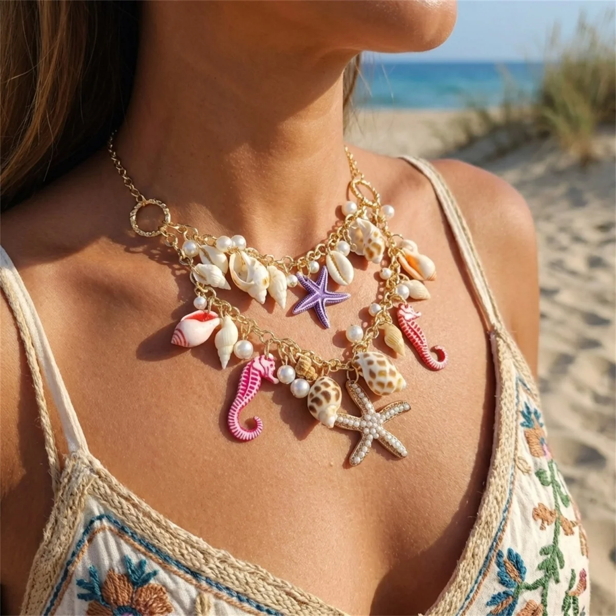 Sommerliche, extravagante, farbenfrohe Anhänger-Halskette mit Seestern, Muschel und Seepferdchen aus Kunstharz für Damen und Herren, Ozean- und Strandmotiv, Meerestier-Choker-Schmuck – Detail 16