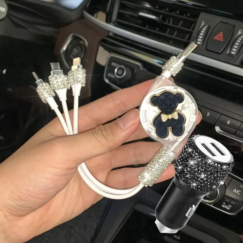 라인석 크리스탈 개폐식 고속 충전 데이터 케이블, 아이폰 안드로이드 듀얼 USB 차량용 충전기, C타입 고속 충전 라인, 3 in 1 