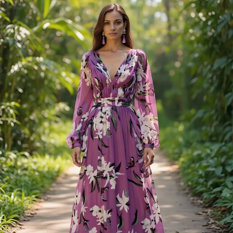 

2025 Summer New Printed Women's Dress Asian Style V-neck Long Sleeve Swing Skirt Beach Party vestidos elegantes feminino faldas