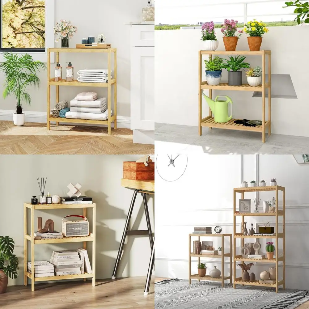 

Бамбуковая полка для ванной комнаты, подставка для универсального хранения, многофункциональный держатель для ванной комнаты, кухни, гостиной, нижняя подставка для растений (3-уровневая)