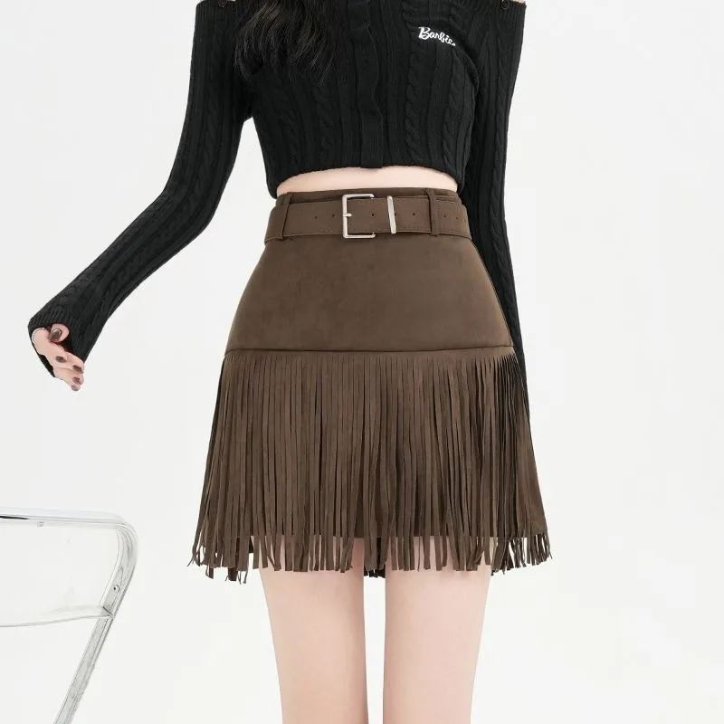 Wildleder Vintage Quaste A-Linie Rock für Herbst und Winter Hohe Taille Abnehmen Hot Girl Maillard Rock Frauen Mode Persönlichkeit