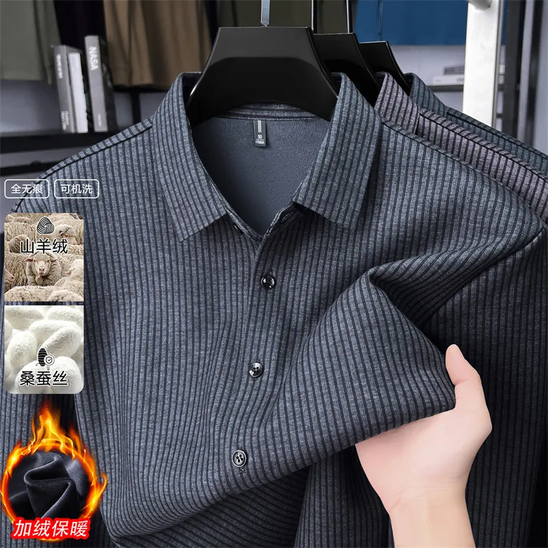 

Winter velvet shirt men 2025 New Striped thick shirt fashion business casual workwear Young men's office shirt thermal top
