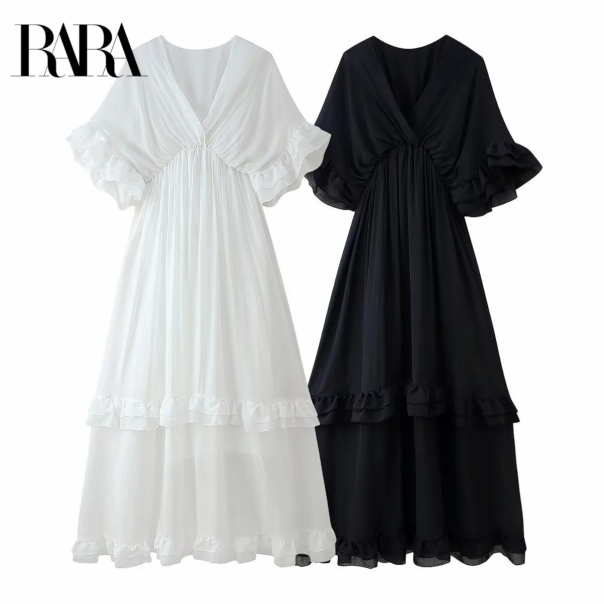 

RARA Women's Summer New Layered Ruffle Decorated Casual Loose V - Neck 3/4 Sleeve Mid - Length Chiffon Dress