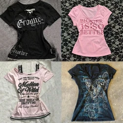 Black Vintage Gothic T-shirts Women Y2k Black Punk Graphic Hoodie Grunge Retro Sexy V-neck Cotton Tees Aesthetic Harajuku Top