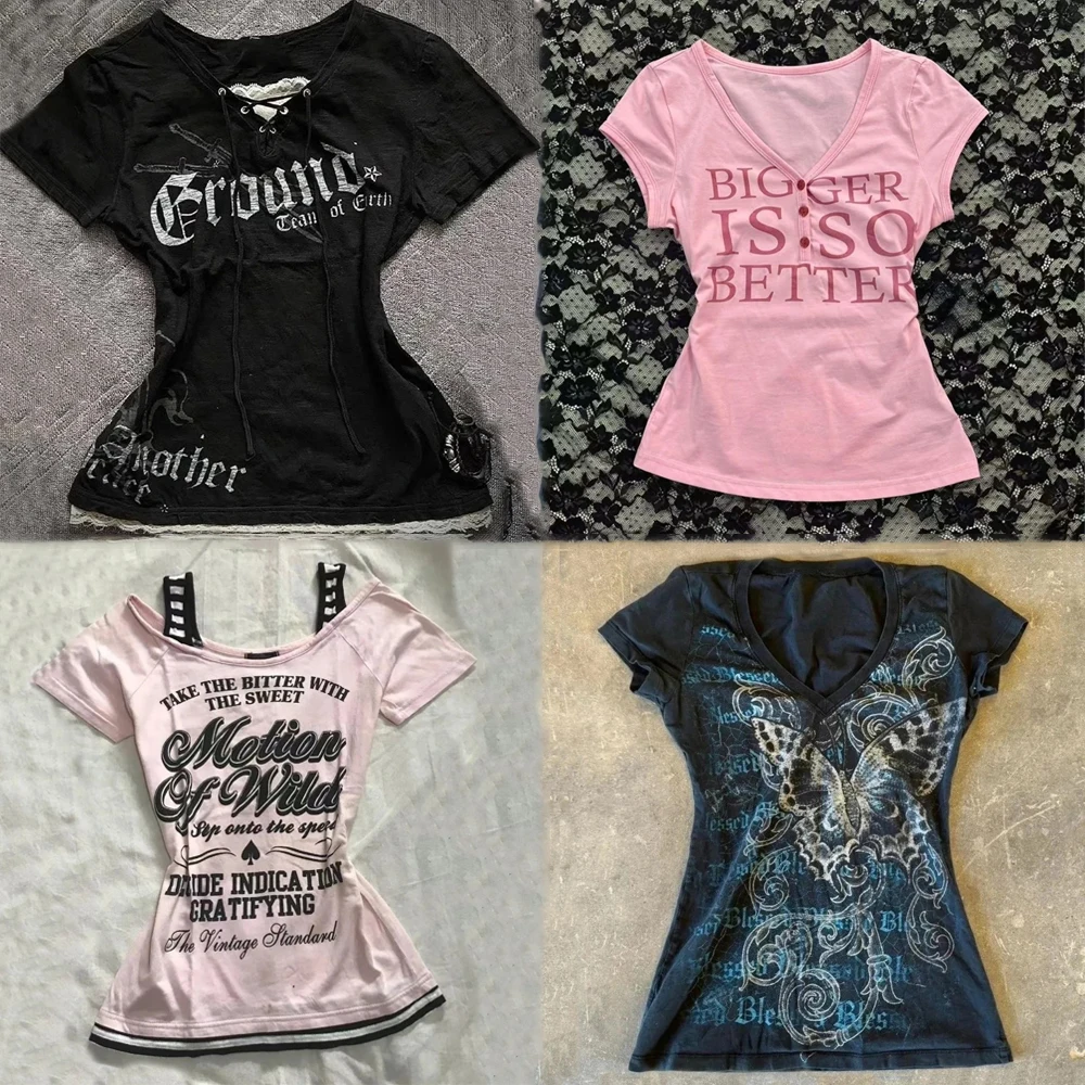 Czarne gotyckie koszulki w stylu vintage damskie Y2k czarna punkowa graficzna bluza z kapturem Grunge Retro seksowny dekolt w serek koszulki bawełniane estetyczny top w stylu Harajuku