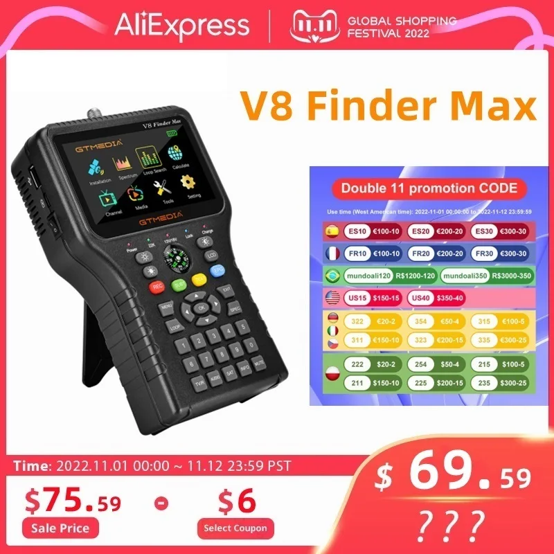 New! V8 Finder Max Satellite Signal Finder DVB-S/S2/S2X H.264/H.265 (8bit) Satellite Locator 4.3 Inch HD Official Accessories