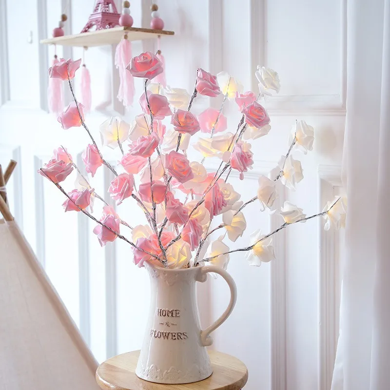 20 LED Branch Light Battery Powered Willow Branch Lamp Artificial Rose Twig Vase Lights for Party Fairy DIY Room Wedding Decor