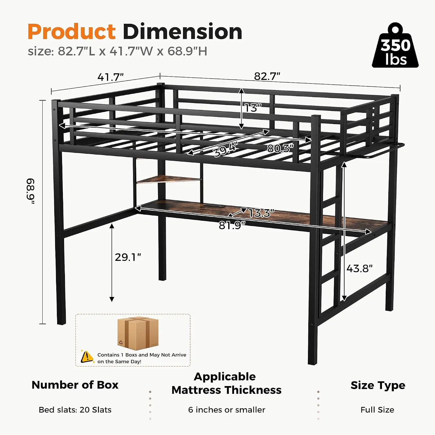 Twin XL Loft Bed with Desk & Charging Station, Metal Frame with Ladder, 350 lbs Capacity, Space Saving for Kids Teens Adults