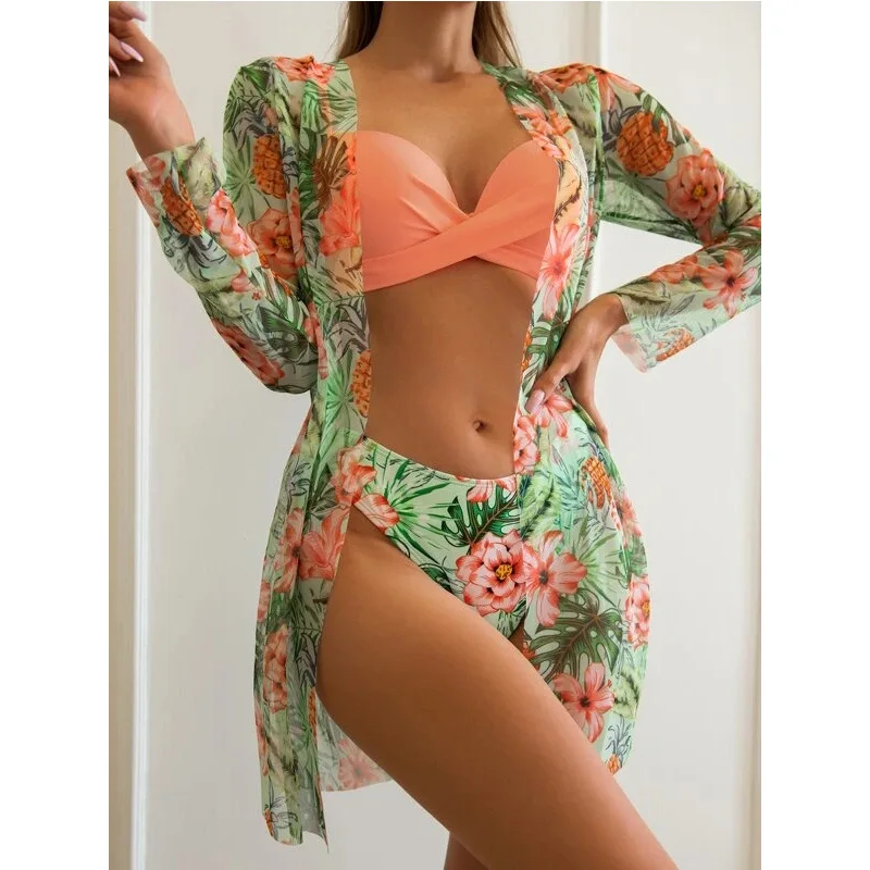 2024 Long Sleeve 3 Piece Push Up Bikini Set Women's Swimsuit Cover-ups Swimwear Woman Sexy Print Bathing Suit Beachwear Monokini