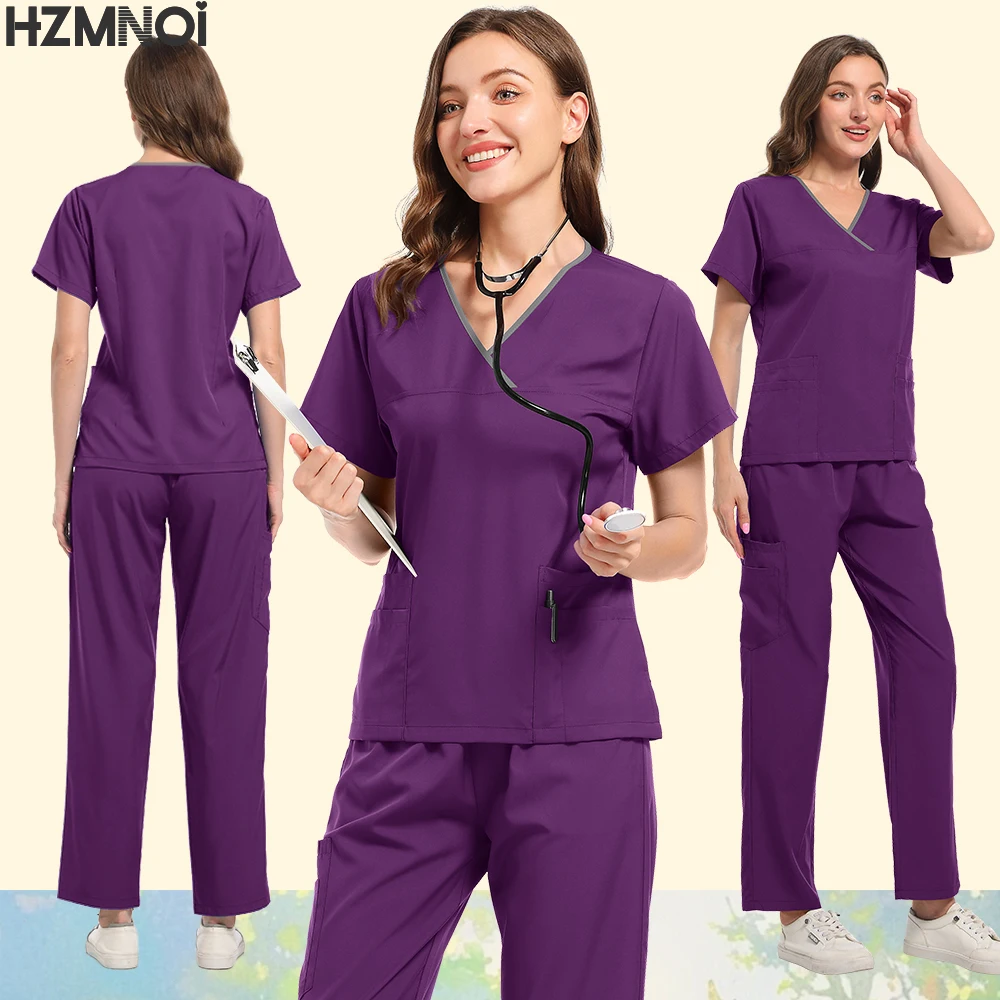HZMNOI Doctor Scrubs Nursing Uniforms for Women Men Anesthetist Set Tops and Jogger Pants Thin Fabric Operating Room Workwear