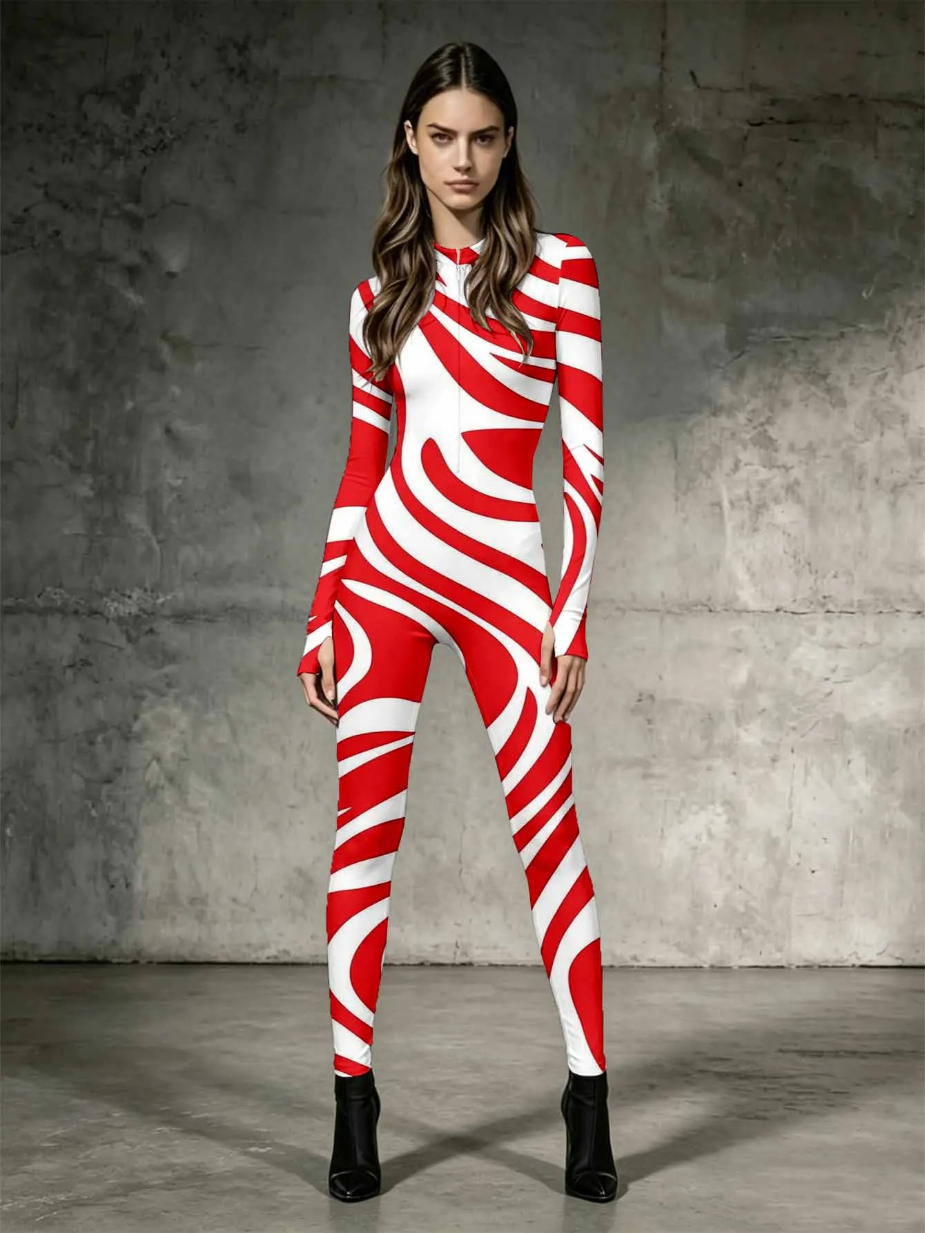Casual long sleeved jumpsuit with women's stand up collar design, integrated cutting and body shaping pants